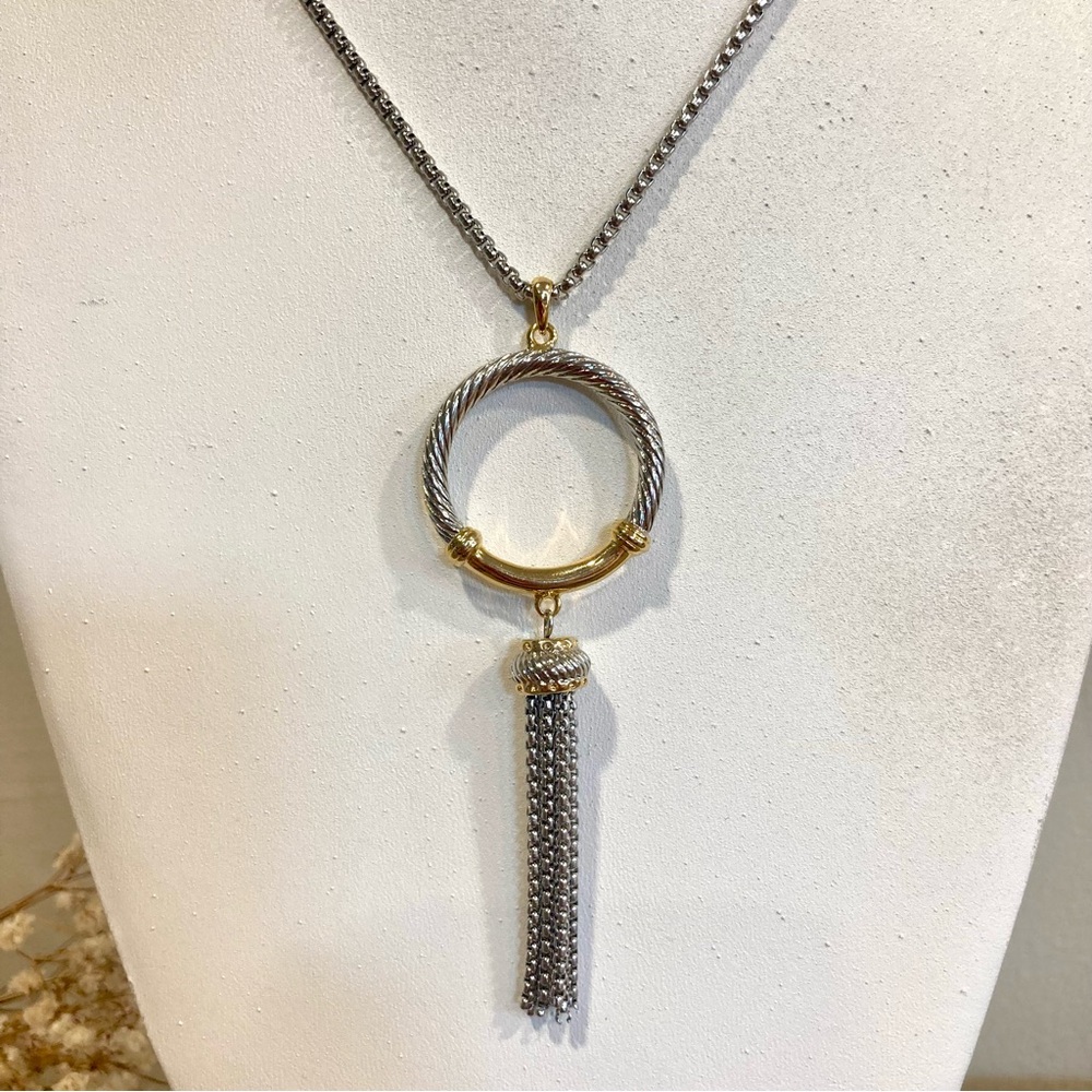 Long Silver and Gold Tone Tassel Pendant Necklace - Picture 3 of 15